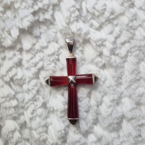 Vintage Sterling Silver Red Carnelian Cross Pendant